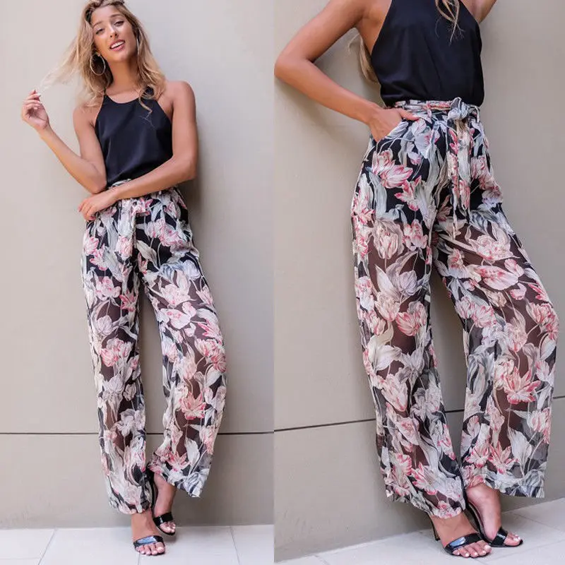 Женские повседневные шифоновые шаровары с принтом удобные эластичные длинные