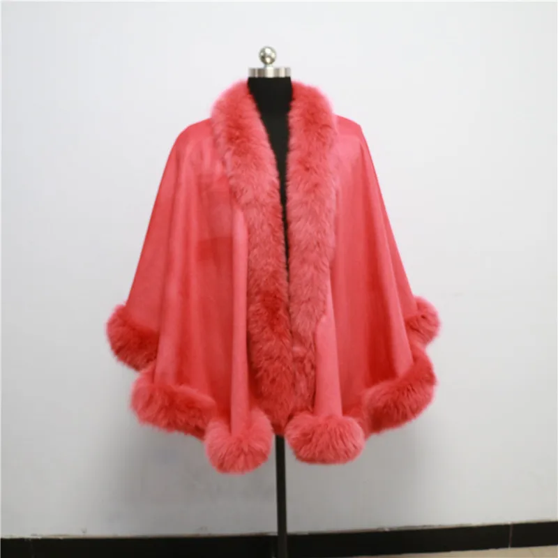 

Free shipping, Drop shipping, cashmere cape with real fox fur trim length 70cm for adult without hood fox shawl