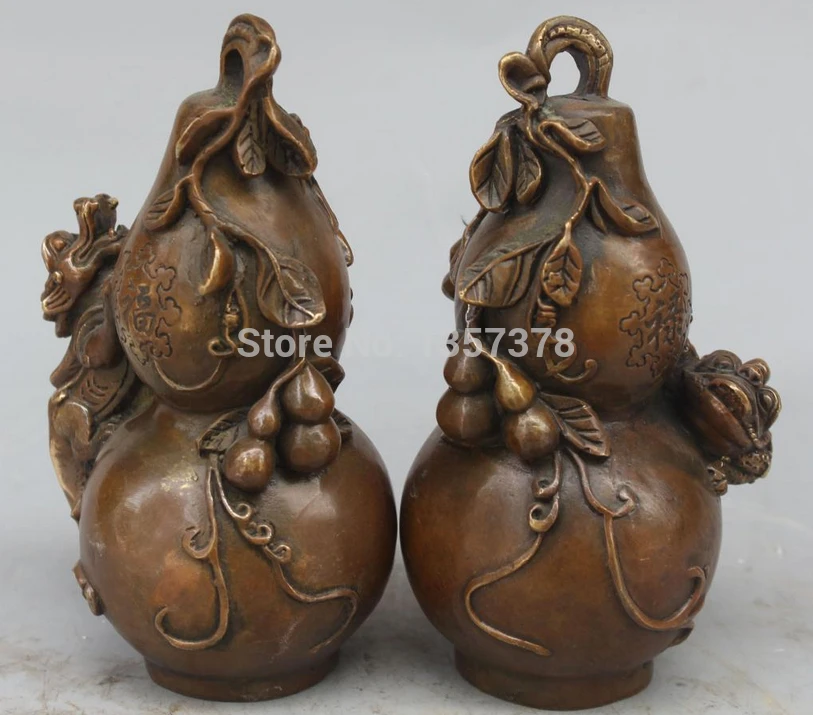 shitou 00361 Marked Chinese Bronze Fu Lu Shou Pixiu Beast Cicada Frog Calabash Pair Statue | Дом и сад