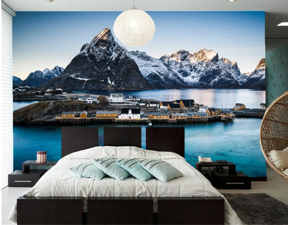 Горы норвежские дома городской природа фото здание фон для гостиной ТВ стена
