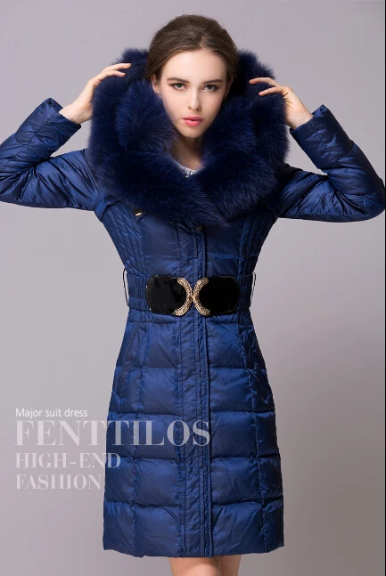 Роскошный Лисий мех с капюшоном парка для женщин зима 2019 Королевский синий