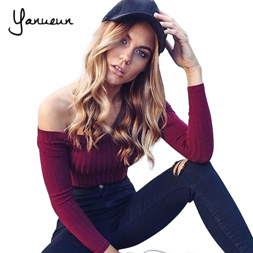 Yanueun осень-зима одноцветное Для женщин свитер разрез декольте без бретелек