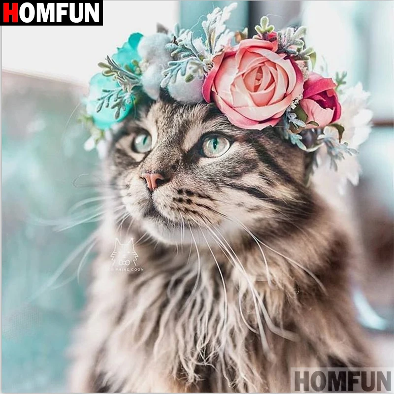 

Алмазная 5D картина HOMFUN A16764 «Кот Цветок», вышивка крестиком, полное покрытие, квадратные/круглые, «сделай сам», домашний декор, подарок