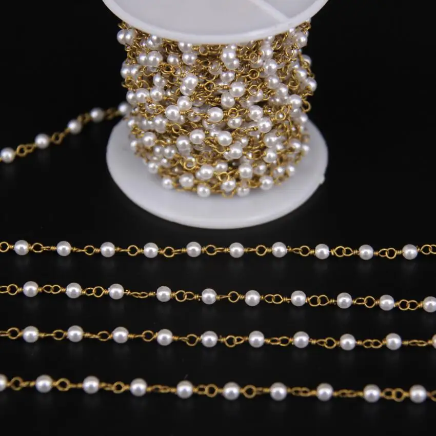 

4mm,Plastic Pearl Round Bead Rosary Chian,Copper Brass Wire Wrapped Link Chain Charm Necklace Jewelry Crafts,5meters