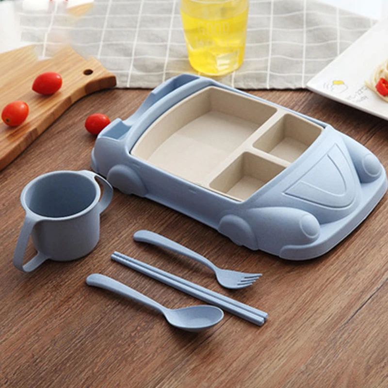 5PCS/SET Microwave Oven Great Quality Cute Cartoon Children\'s Straw Dinner Plate Creative Car Train Wheat Bowl Meal Bowl