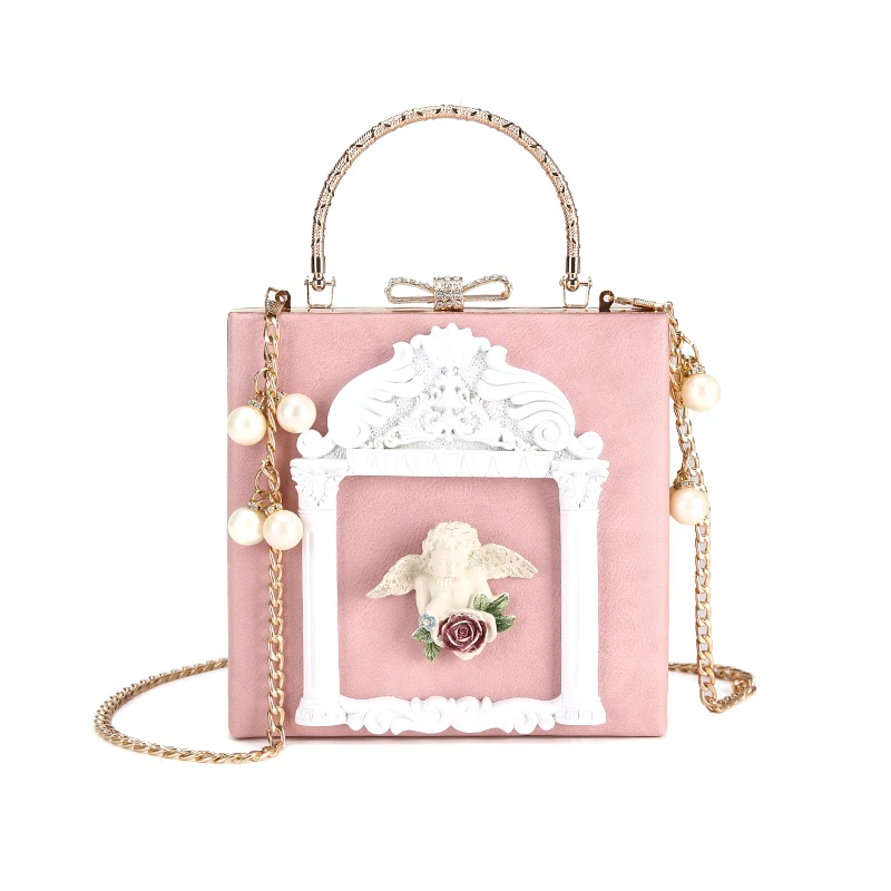 Pink YANXI Angel Relief 3D тисненые цветы женские вечерние сумки на плечо Сумочка с жемчужной цепочкой женские сумки через плечо - Цвет: Pink