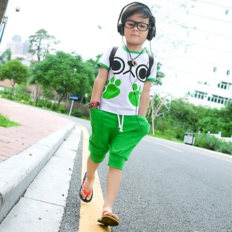 Free shipping summer Big Eyes clothing sets kids pants + Top boys girls Puppy footprints clothes children tracksuit | Детская одежда и