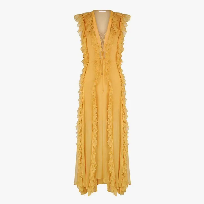 yellow TWOTWINSTYLE, летние женские платья без рукавов с оборками, с открытыми плечами, v-образный вырез, высокая талия, облегающие Макси пляжные платья, женская мода, новинка - Цвет: yellow