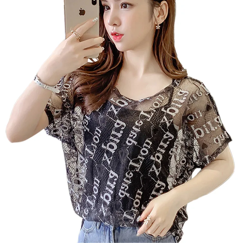Женская ажурная футболка с коротким рукавом летняя свободная большого размера
