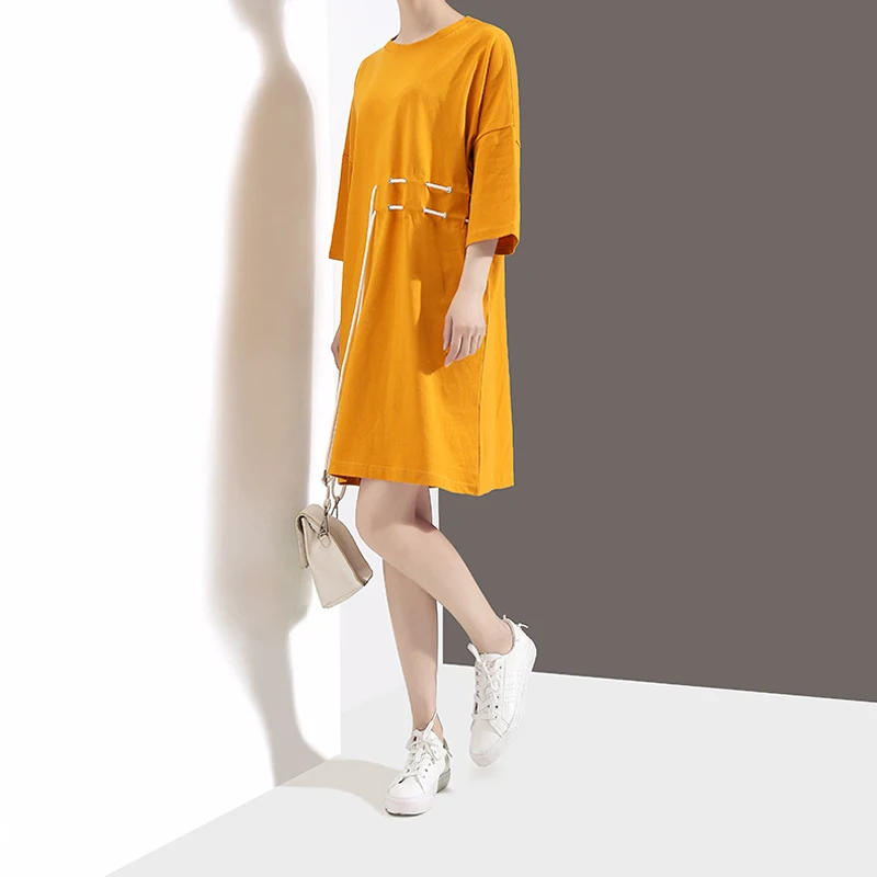 Hongsonghan Korean version 2018 fashion women's summer large size loose T-shirt dresses drawstring round waist knee length dress | Женская