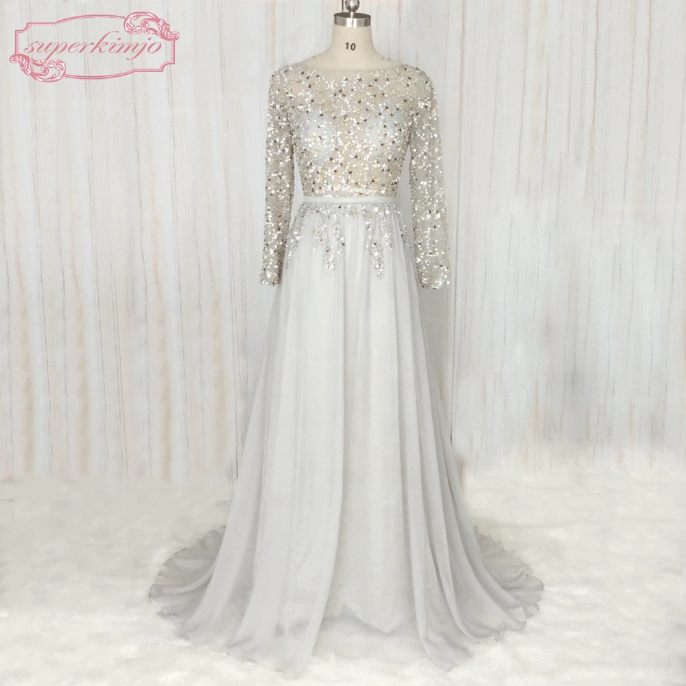 

SuperKimJo Vestido De Fiesta De Boda серебряные Выпускные платья с длинным рукавом с бисером с открытой спиной элегантное ТРАПЕЦИЕВИДНОЕ платье для выпуск...