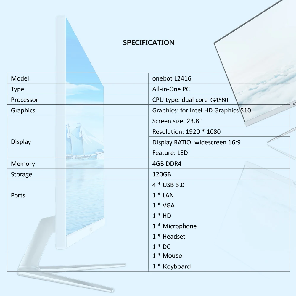 Onebot L2416 23," все-в-одном настольный компьютер двухъядерный G4400 120G SSD 4G DDR4 1920*1080 все-в-одном ПК для офисного бизнеса