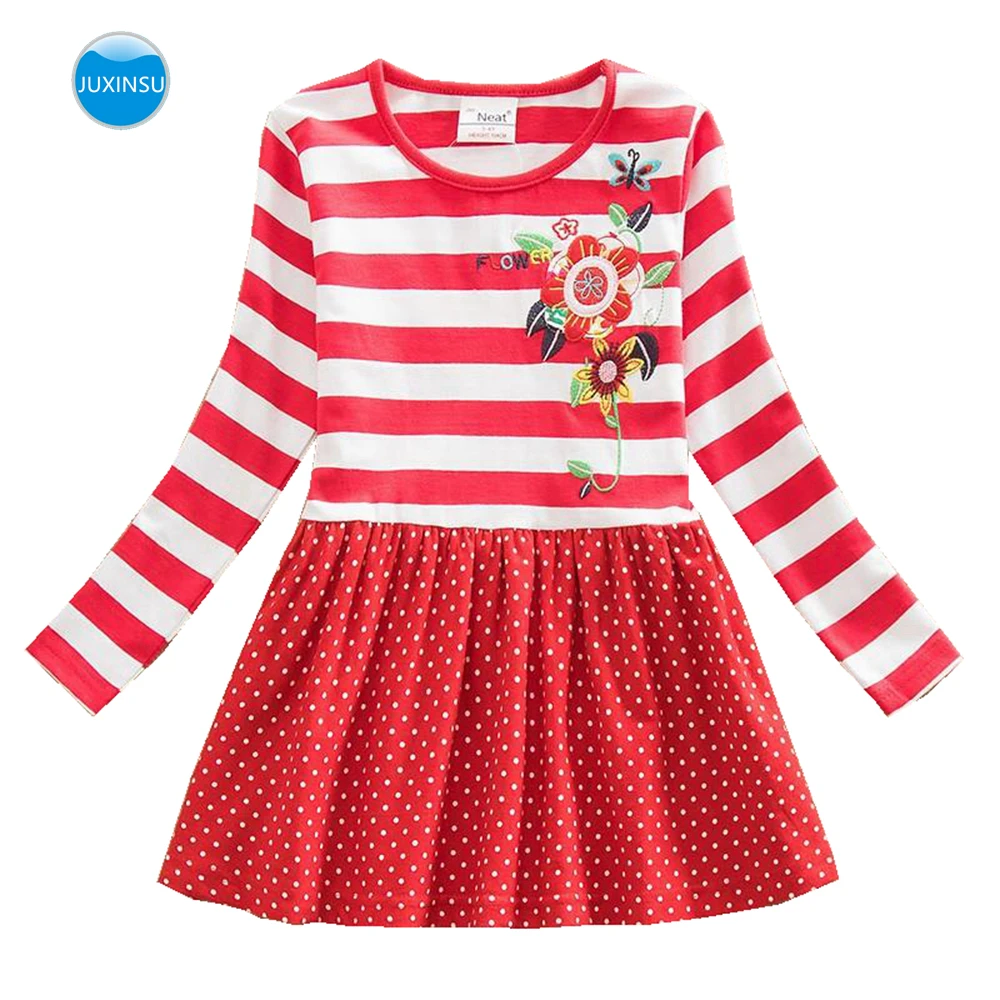 JUXINSU Toddler Girls Long Sleeve Dresses for Kids Baby Autumn Winter Cotton Casual Dress Flower Stripes Girl 1-8 Years | Детская одежда
