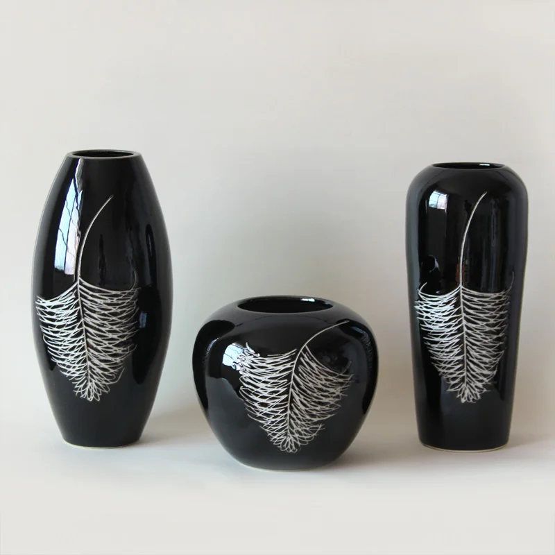Керамическая фарфоровая настольная ваза набор (3 шт.) с простым узором из перьев