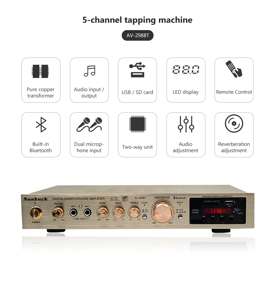 5 каналов Amplificador Bluetooth AV усилитель стерео караоке сцены Hifi мощность домашний кинотеатр аудио усилители двойной микрофон FM SD USB