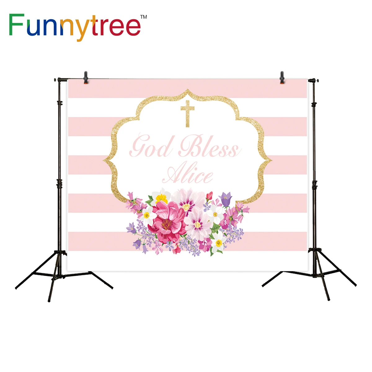 Фон Funnytree God Bless в полоску с цветочным рисунком для первого причастия фон
