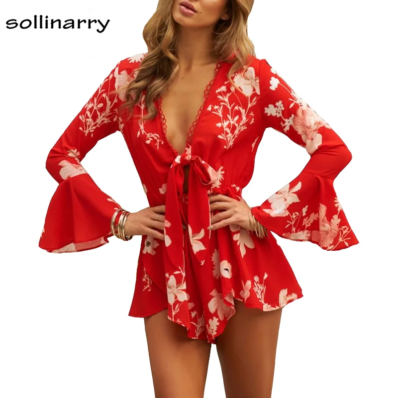 Sollinarry Sexy Lace Up Red Floral Print Women Rompers Boho Beach 2018 Summer Long Flare Sleeve Overalls V Neck Playsuits |