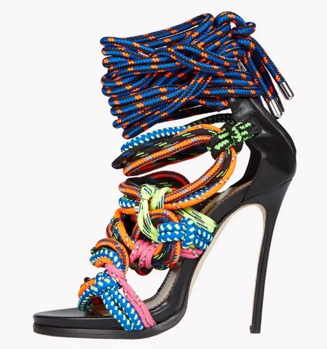 Сандалии с ремешками и эластичными лентами летние модельные туфли на высоком