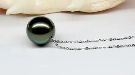 

free shipping >>>>noble jewelry stunning round south sea13-14mm black green pearl necklace 14k