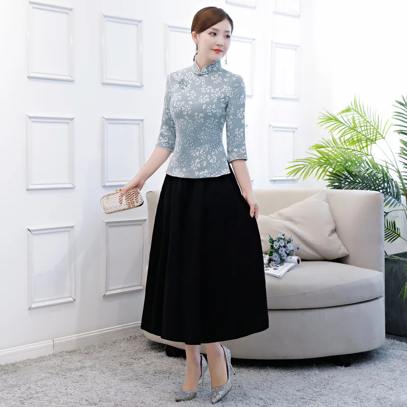 Осенние Топы Cheongsam, повседневные традиционные китайские топы, весенне-летний костюм с рукавами три четверти, фиолетовые Топы