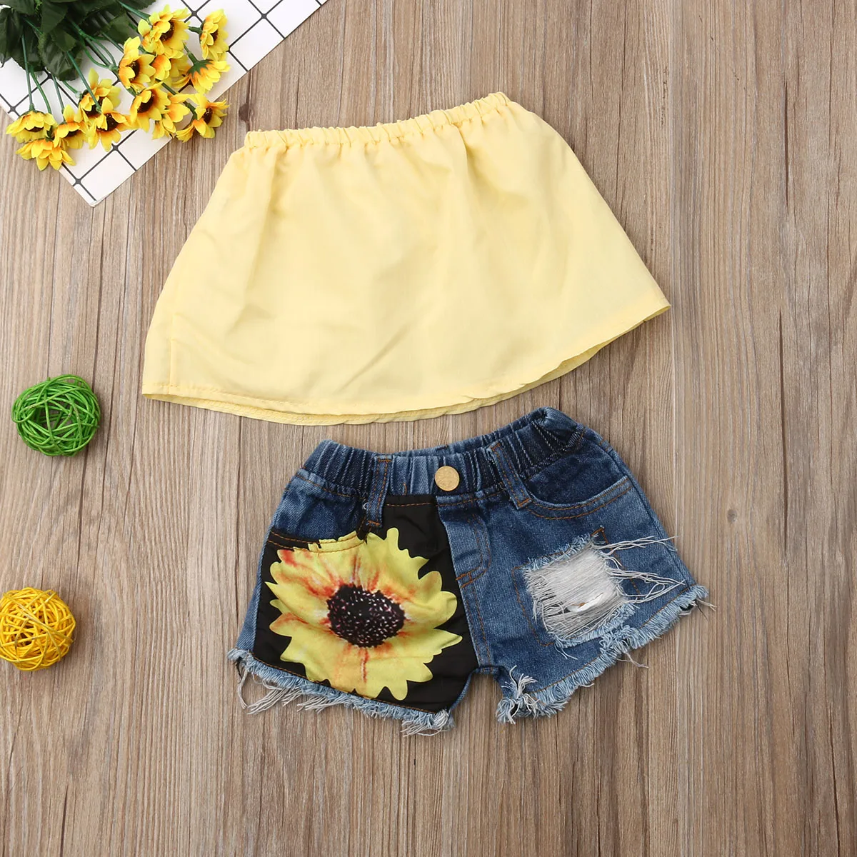 Toddler Baby Girls Sunflower Outfits Solid Crop Tops+Ripped Shorts Set 1-5T | Детская одежда и обувь