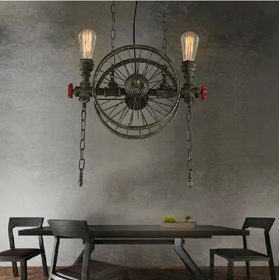 

American Country Retro Industrial Black / Iron Wheels Pendant Light Loft Style Wrought Iron Droplight for Restaurant Bar Cafe