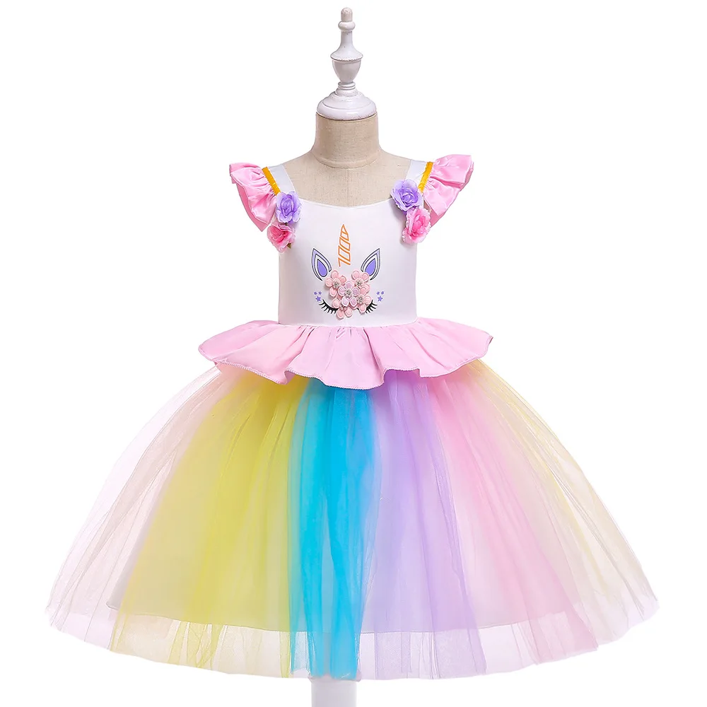 

2019 Summer New Style Unicorn Flower Girls Dresses Rainbow Colorful Princess Tutu Dress Kids Halloween Prom Party Costume Gowns