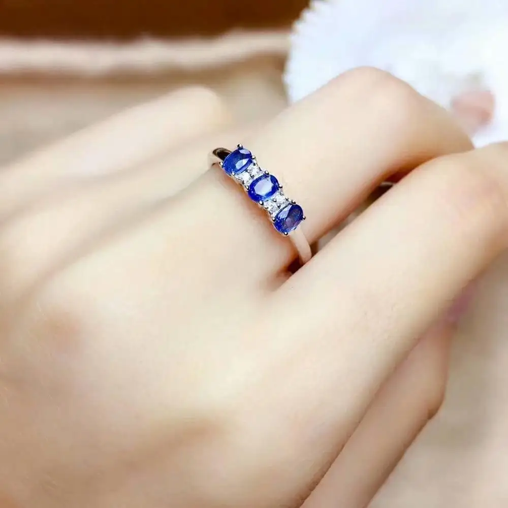 

shilovem 925 silver sterling real natural sapphire Rings fine Jewelry wedding bands new gift open rings plant 3*4mm mj0304811agl