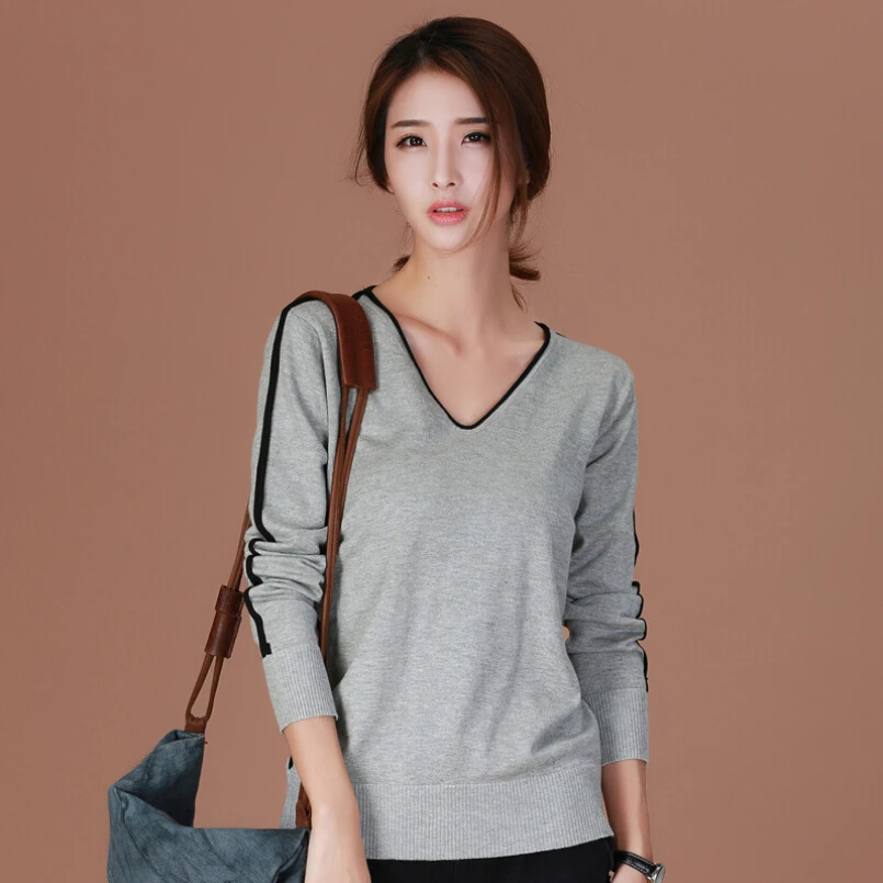 Весенний женский трикотажный пуловер с v-образным вырезом и длинным рукавом