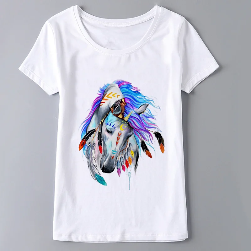 Casual White T-shirt Summer Famale Tops Horse Animal Print Graphic Tees T Shirt Women Short Sleeve O-neck T-shirts | Женская одежда