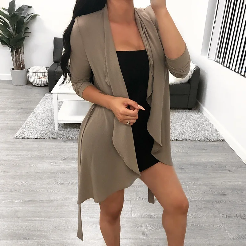 Kimono Solid Long Sleeve Asymmetrical Fashion Women Kimono Cardigan Spring Autumn Slim Long Cardigan Plus Size Ladies Tops H30 - Цвет: Хаки