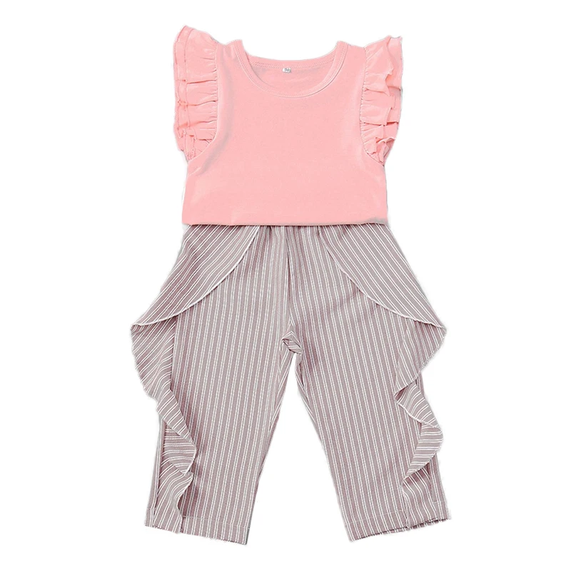 SHEIN/топ с оборками и штаны в полоску для малышей; комплект повседневной одежды для девочек-подростков; коллекция года; корейский модный костюм; детская одежда