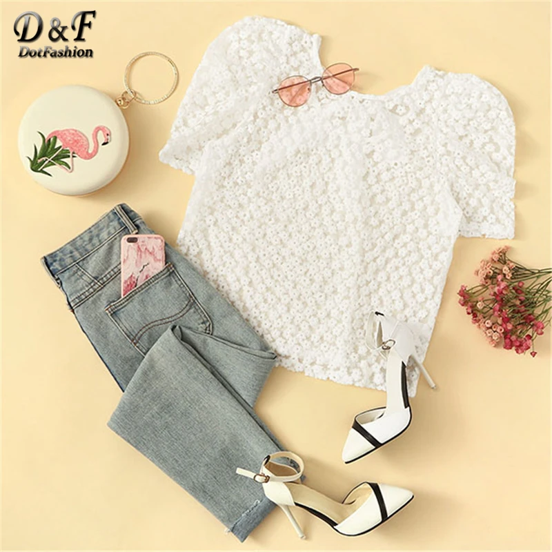 Dotfashion белый узел сзади с пышными рукавами Цветочная вышивка с сеткой женские летние топы летние сексуальные с коротким рукавом корейские блузки
