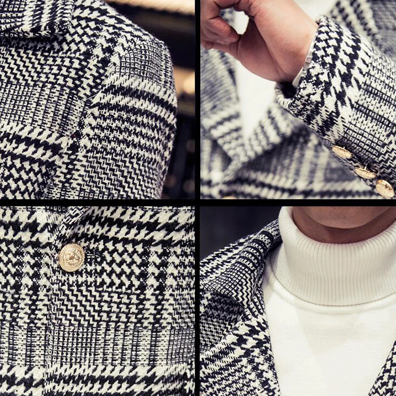 Korea Style Gird Plaid Woolen Trench Men Casual Slim Grid Wool Lengthen and Thicken Overcoat Size M-5XL | Мужская одежда