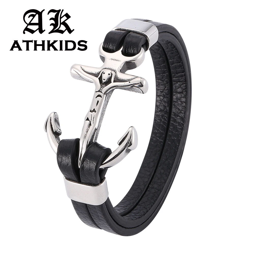 

New Fashion Silver Cross Anchor Bracelets Men Stainless Steel Hooks Bracelet Multi-layer Leather Male Wrist band Gifts PD781