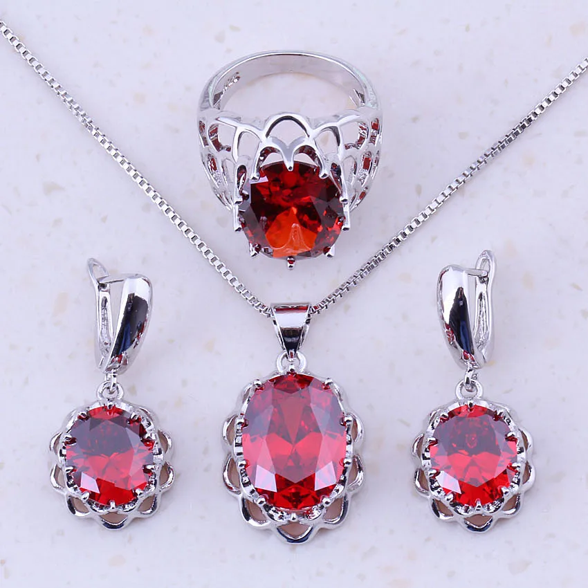 Cheerful Red Simulated Garnet 925 Sterling Silver Jewelry Sets For Women Wedding Party Fashion Free Gift Box D0116 | Украшения и