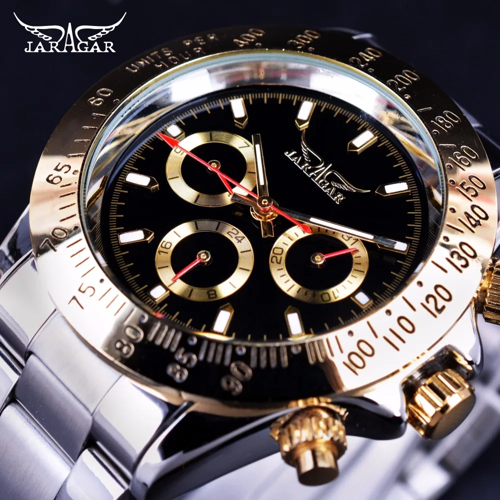 

Jaragar Golden Bezel 3 Dial Display 2017 Luxury Series Mens Watches Top Brand Luxury Automatic Fashion Military Mechanical Watch