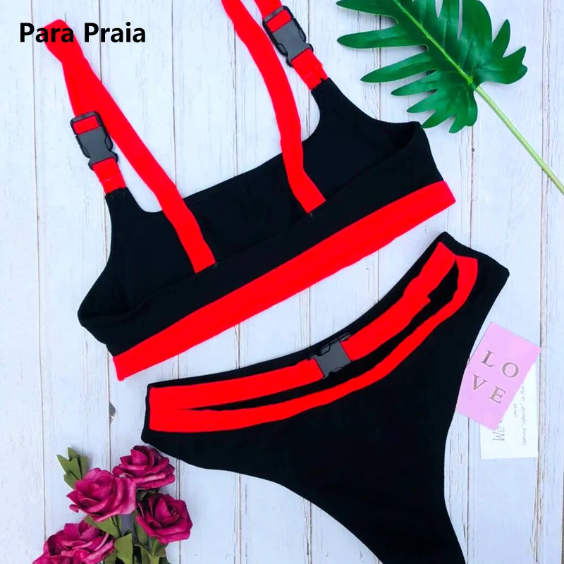 Halter Bandeau Swimwear Belt Buckle Bikini Set Women Swimsuit Sport Sexy Bathing Suit High Cut Swimwear Thong Swim Wear