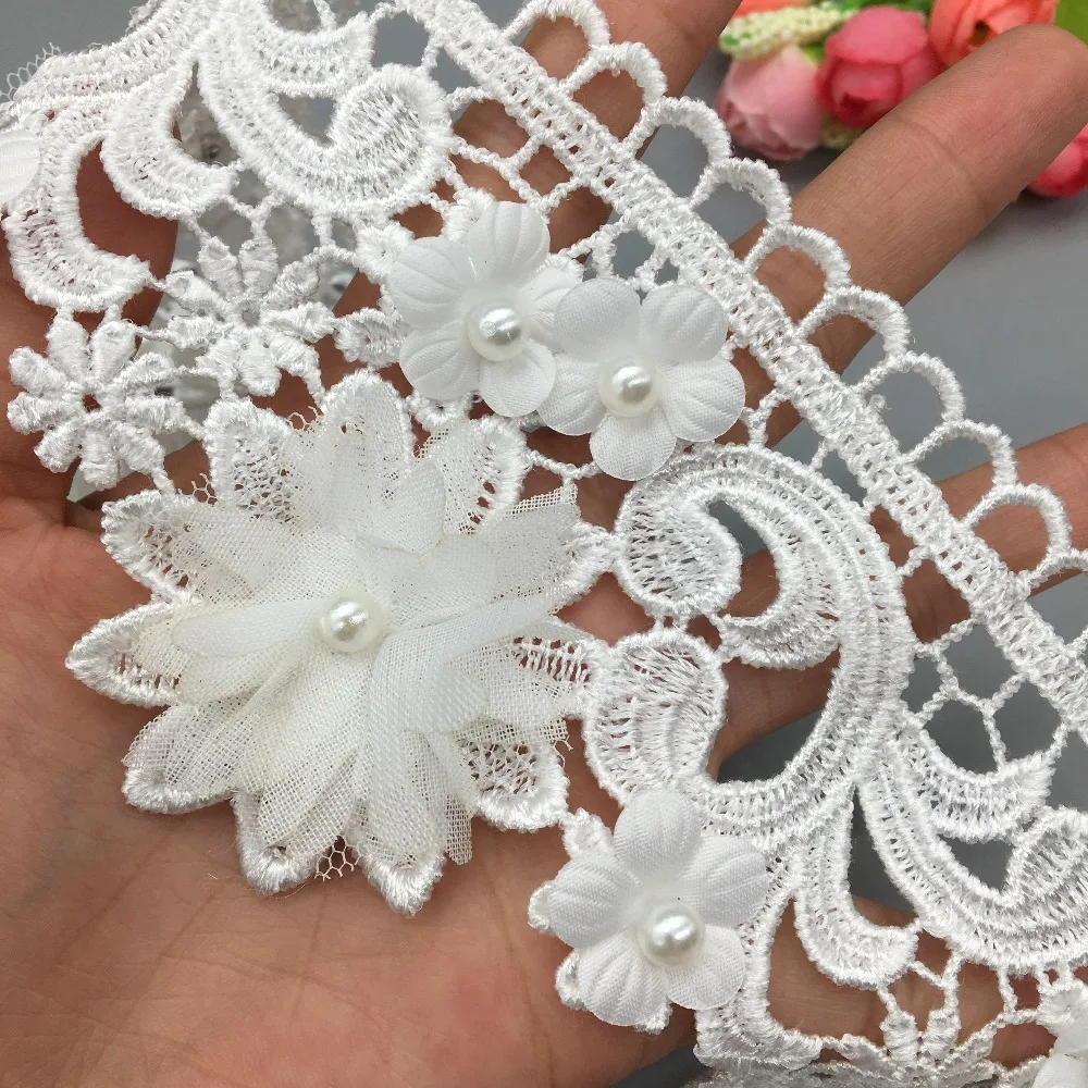 1 ярд белый 9 см жемчуг 3D цветок кисточка кружевная отделка Лента ткань с вышивкой