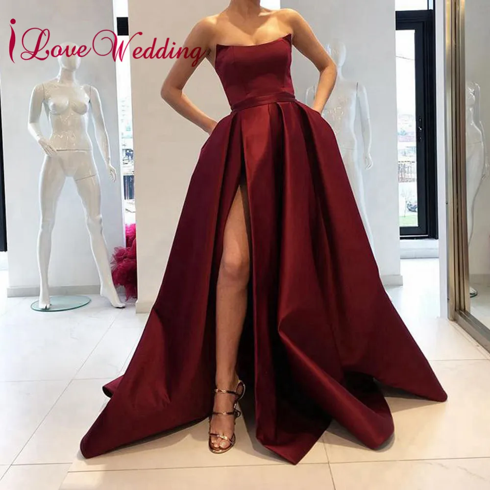 ILoveWedding бордовые платья для выпускного вечера без бретелек линия жесткая
