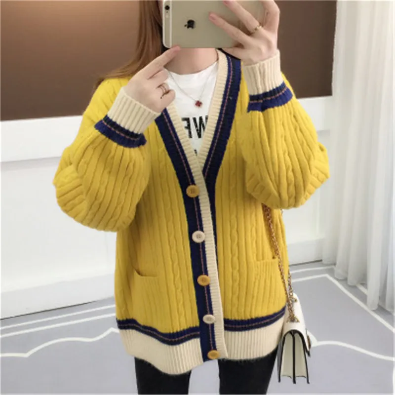2019 Women Long Sleeve Knitted Sweater Cardigan Autumn Winter Ladies korean Fashion V-neck Causal Loose Plus Size Knitting Coat |