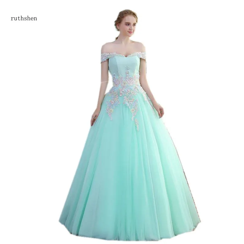Ruthshen мятно зеленые платья для Quinceanera 2020 бальные с открытыми плечами маскарада