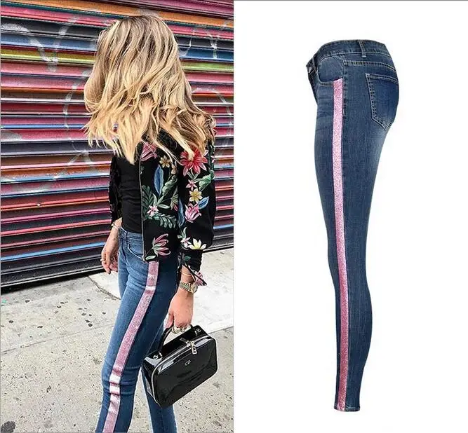 2017 модные облегающие джинсы в полоску сбоку женские эластичные с высокой талией