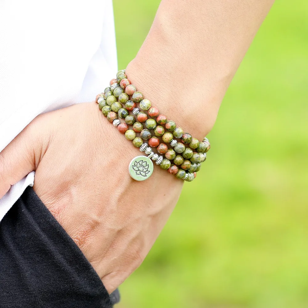 108 Mala Beads браслеты из натурального камня китайские ювелирные изделия Unakite OM Lotus