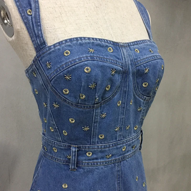 Женское длинное Синее джинсовое платье подиумный вечерний Сарафан Макси без