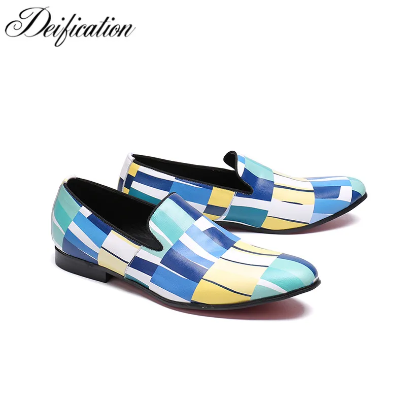 

Deification Lattice Colors Printed Men's Flats Leather Shoes Moccasins Slip On Loafers Fashion Italian Shoes Men Wedding Shoes
