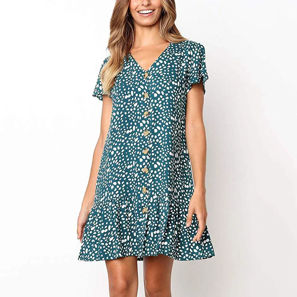 Для женщин Мода Лето горошек V образным вырезом на пуговицах оборками Мини платье