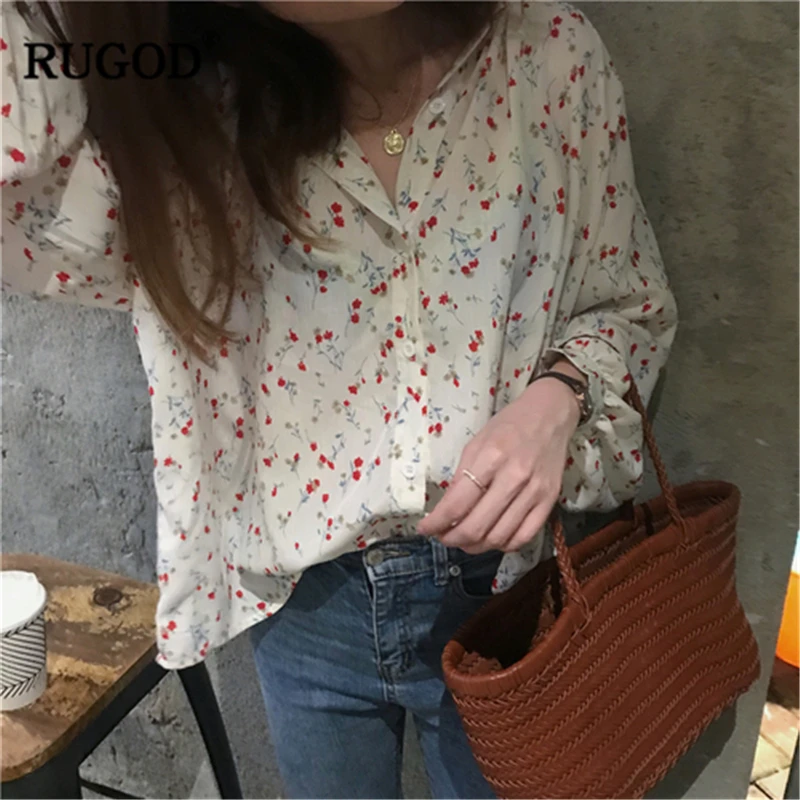 Новое поступление 2019 Женская Цветочная рубашка RUGOD с отложным воротником и