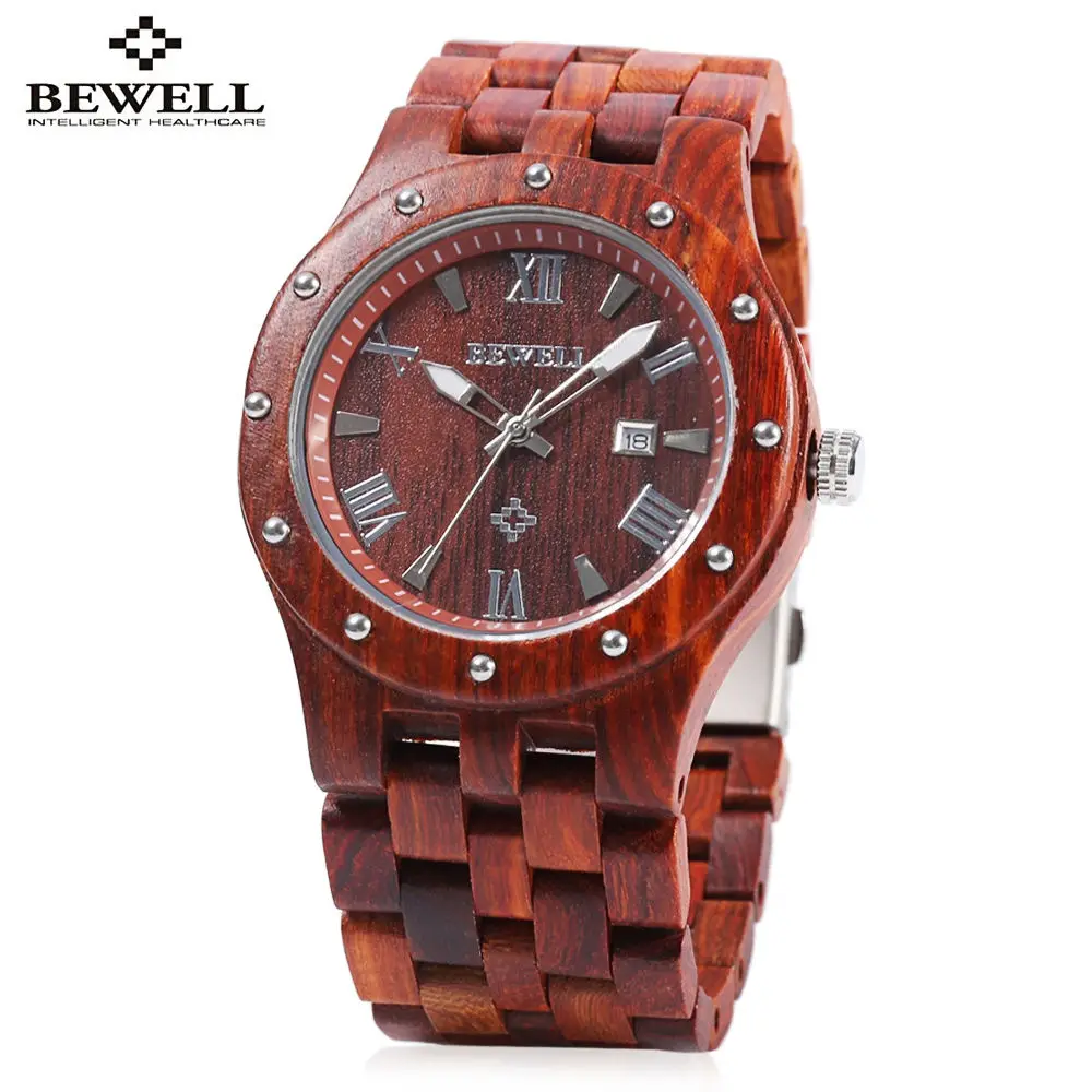RED SANDALWOOD Bewell Роскошные брендовые водонепроницаемые деревянные часы Мужские кварцевые часы Деревянный ремешок Календарь аналоговые Мужские Элегантные наручные часы relogio - Цвет: RED SANDALWOOD
