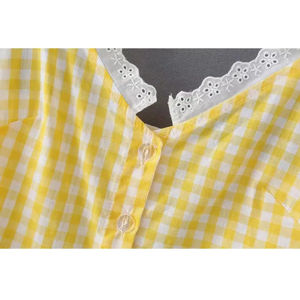 Женское винтажное платье в клетку boho желтое элегантное кружевное на пуговицах